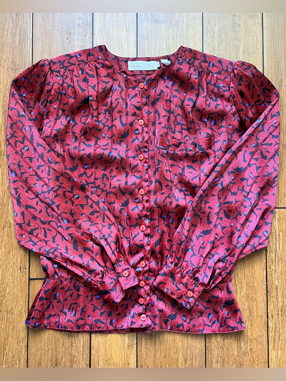 Laura & Jayne  Red Floral Jaquard Stripe  Button-Front Long-Sleeve Blouse Size 8
